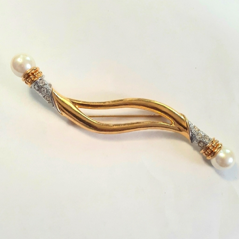 Vtg Avon Wave Faux Pearl Pav Pin Brooch